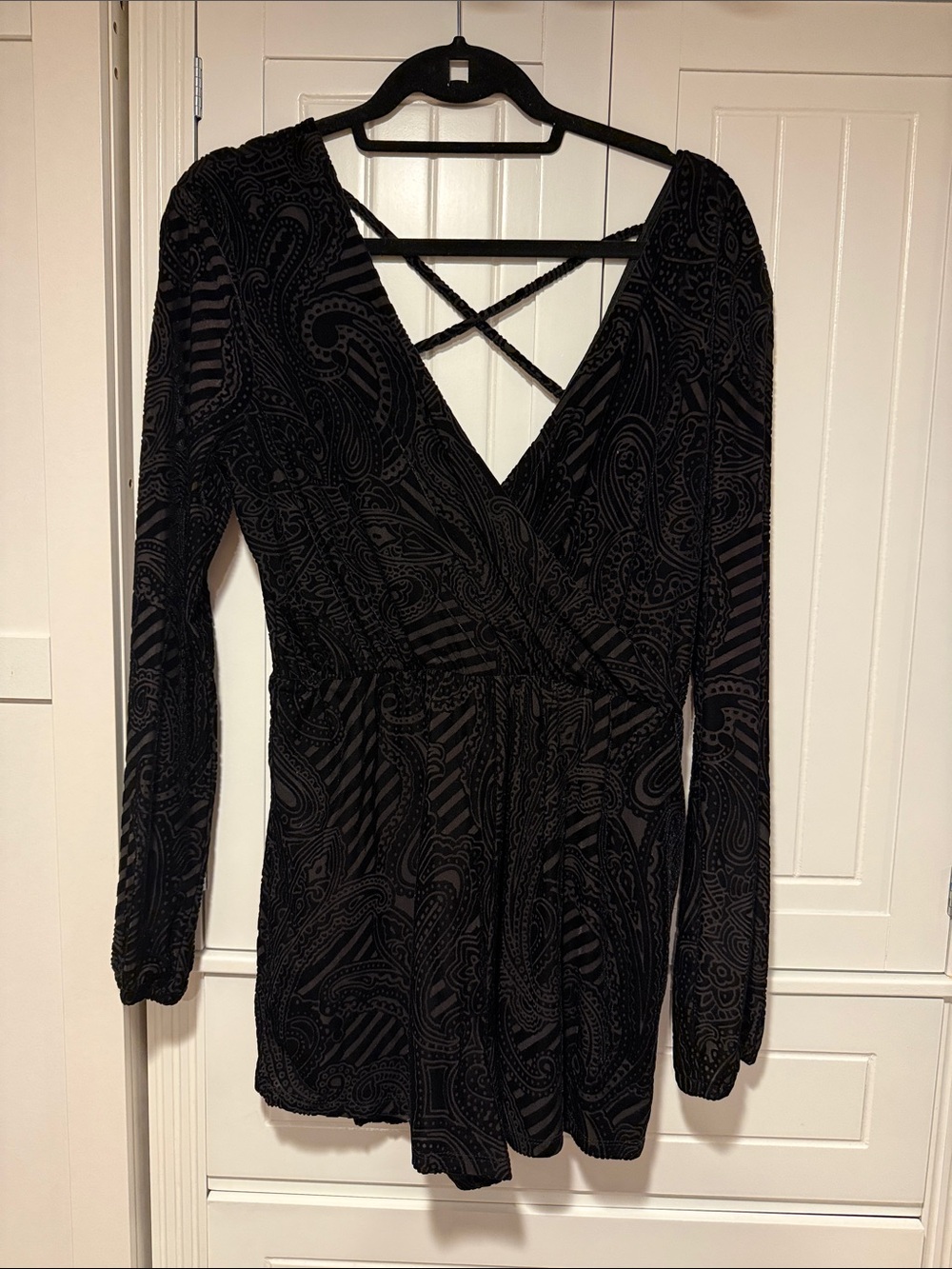 Women’s Black Paisley Long Sleeve Wrap Romper
